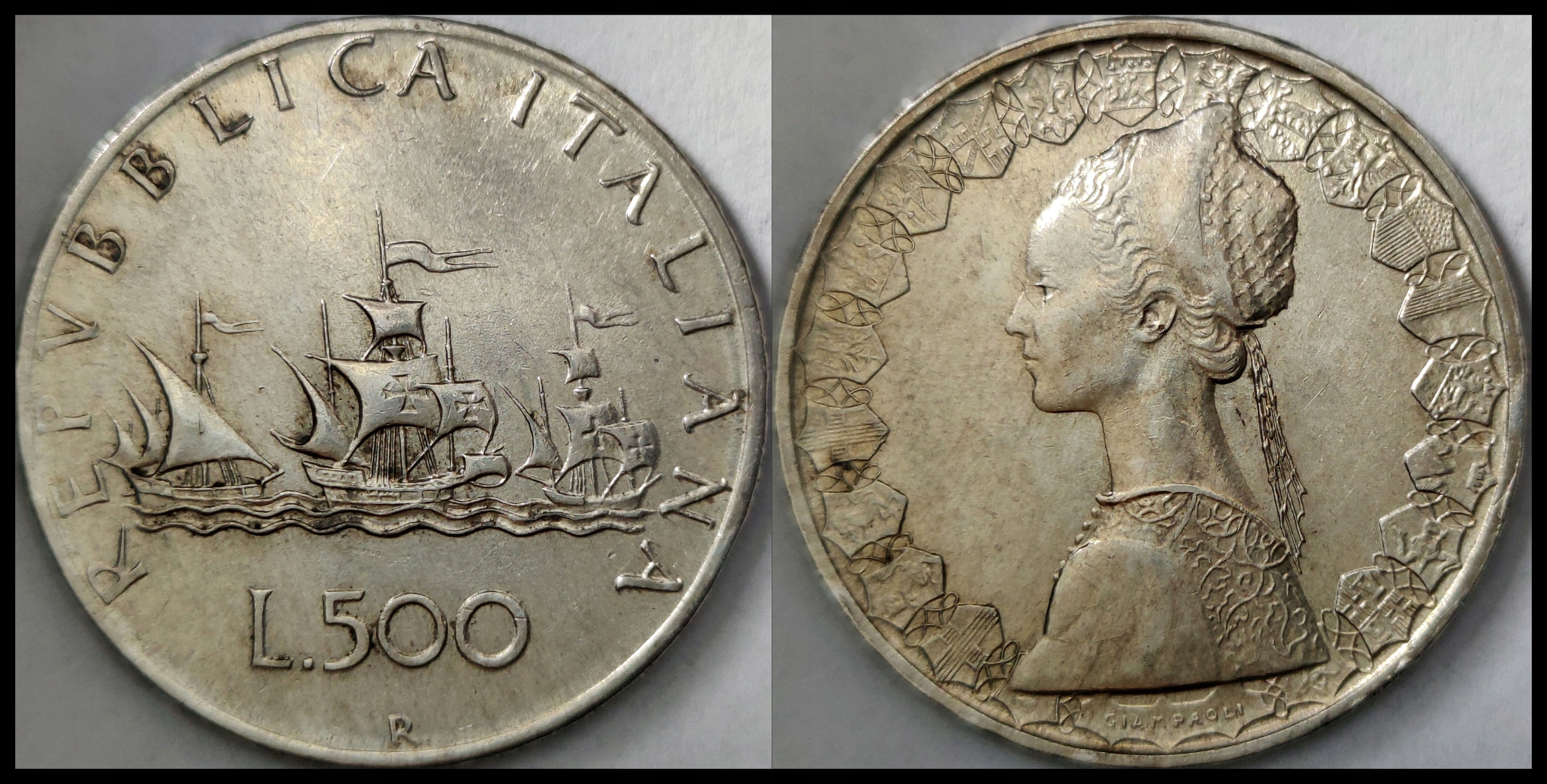 MNB - WŁOCHY 500 Lirów 1961 # STATEK KOLUMBA # SREBRO # RZADKA # st 2+