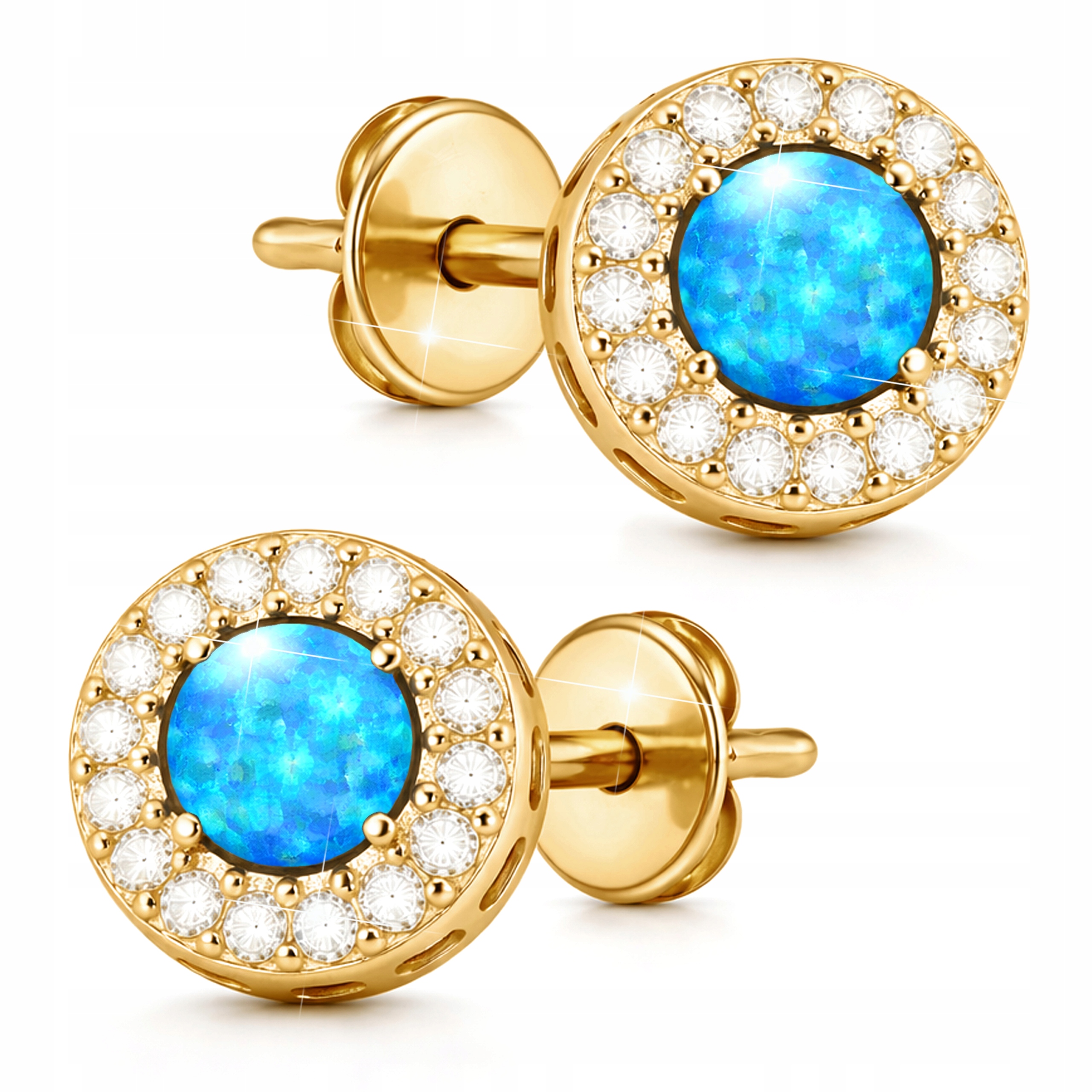 Złote Kolczyki z Niebieskim Opalem Damskie Okrągłe Opal Cyrkonie Srebro 925