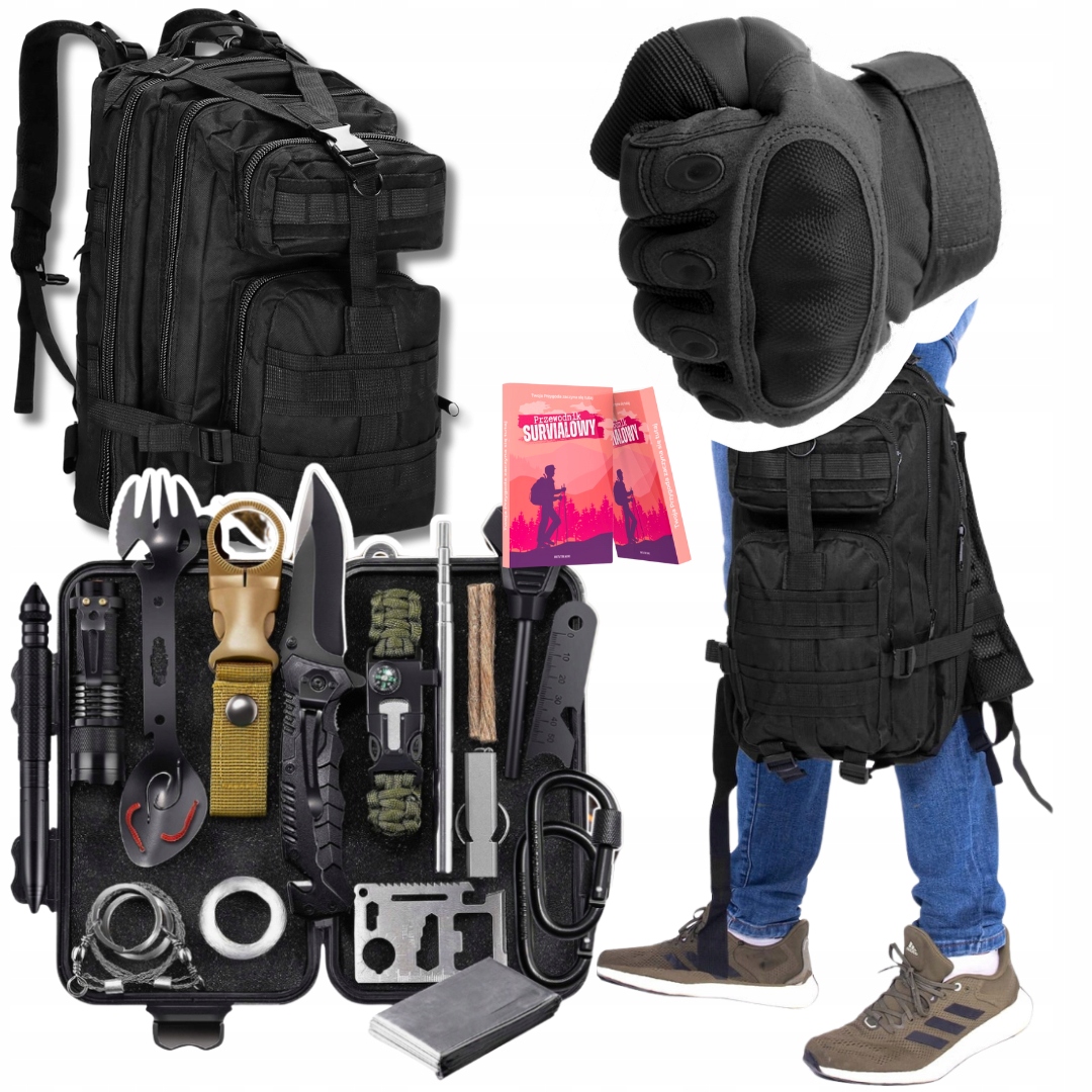 Plecak Militarny 35L Bushcraft Set 32el Czarne Rękawice r. XL