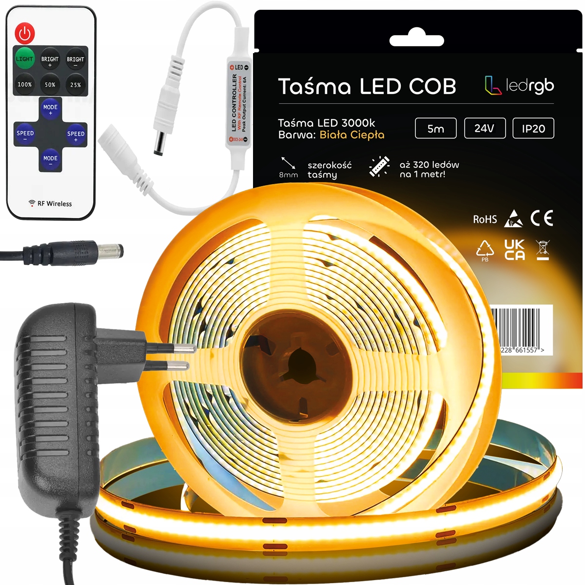 Sada Led pásek Neon Cob 24V 5 m 3000K Bílý Teplý Napájecí Zdroj Stmívač