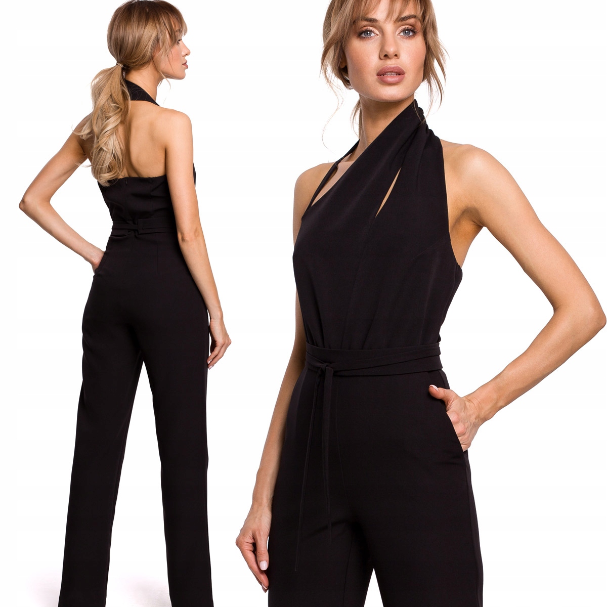 KOMBINEZON ELEGANCKI DAMSKI KOBIECY GŁADKI DŁUGIE NOGAWKI CZARNY XL 42