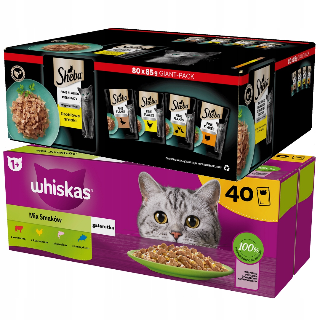 Levně Whiskas Krmivo Pro Kočky MIX Chutí 40x85g Sheba Delicates V Želé 80x85g