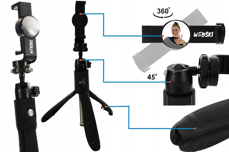 SELFIE-STICK KIJEK DO TELEFONU KAMER GOPRO SKŁADANY STATYW TRIPOD WEBSKI Długość minimalna 18 cm