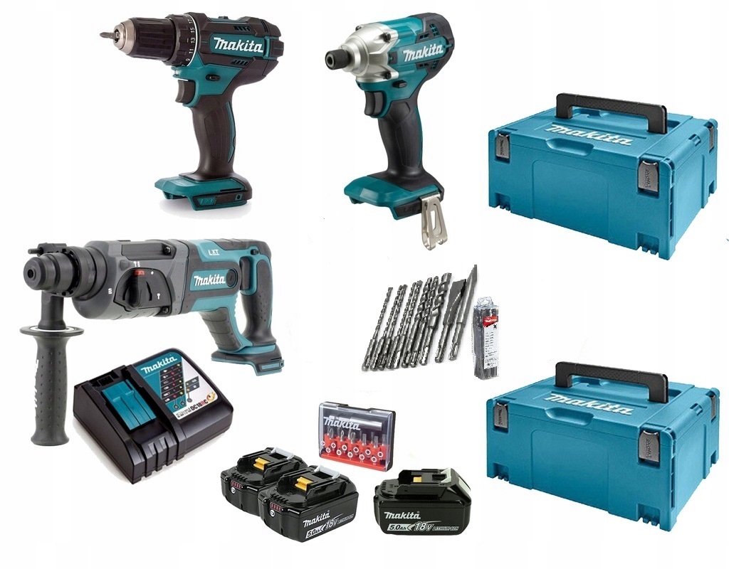 Makita Zestaw Combo 3 Narzędzia Młot Wkrętarka Zakrętak 18V Baterie 3*5ah