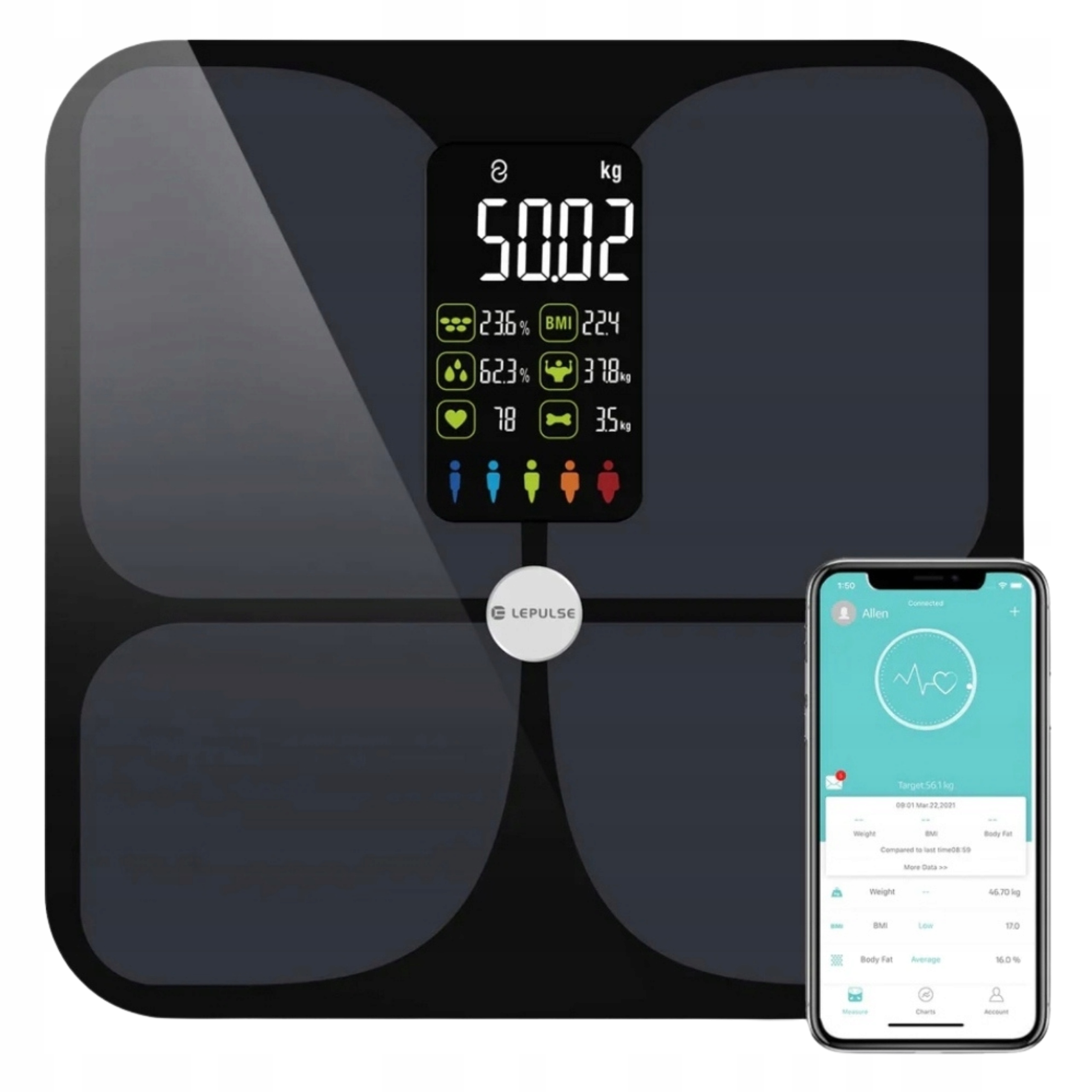 Koupelnová váha Inteligentní měření Bmi tukové tkáně Aplikace Černá