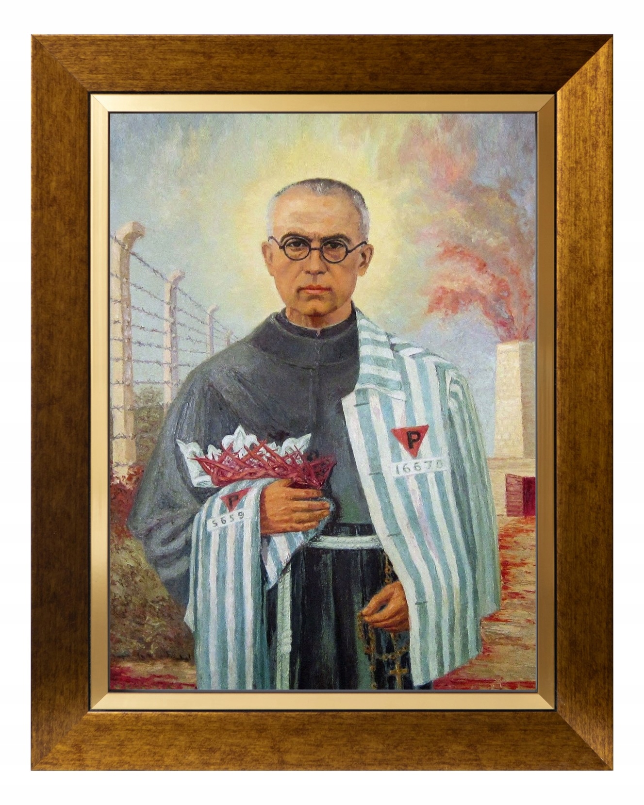Maximilián Kolbe Sakrální Obraz Zlaté Plátno, Ozdobný Rám 30X40
