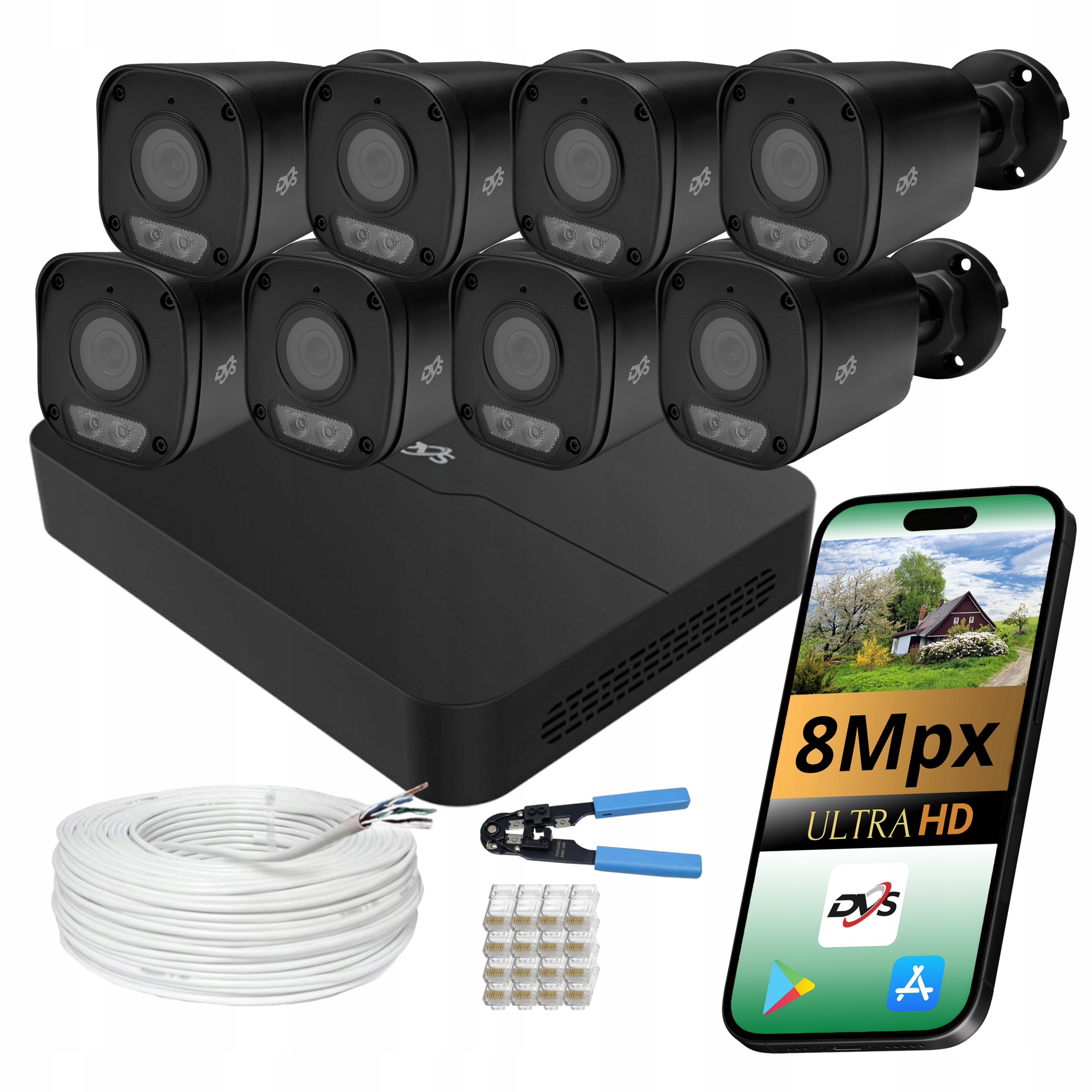 Sada Pro Ip Monitorování 8 Venkovních Kamer 4K 8MPX Černá Dual Led