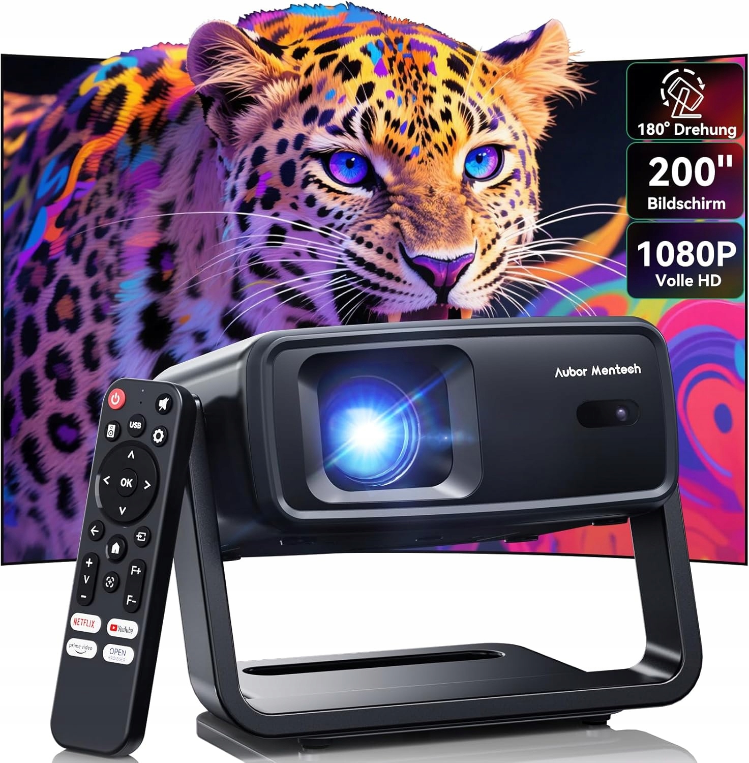 Projektor 4K AUBOR MENTECH WiFi Bluetooth 1200ANSI 200” FullHD SmartTV