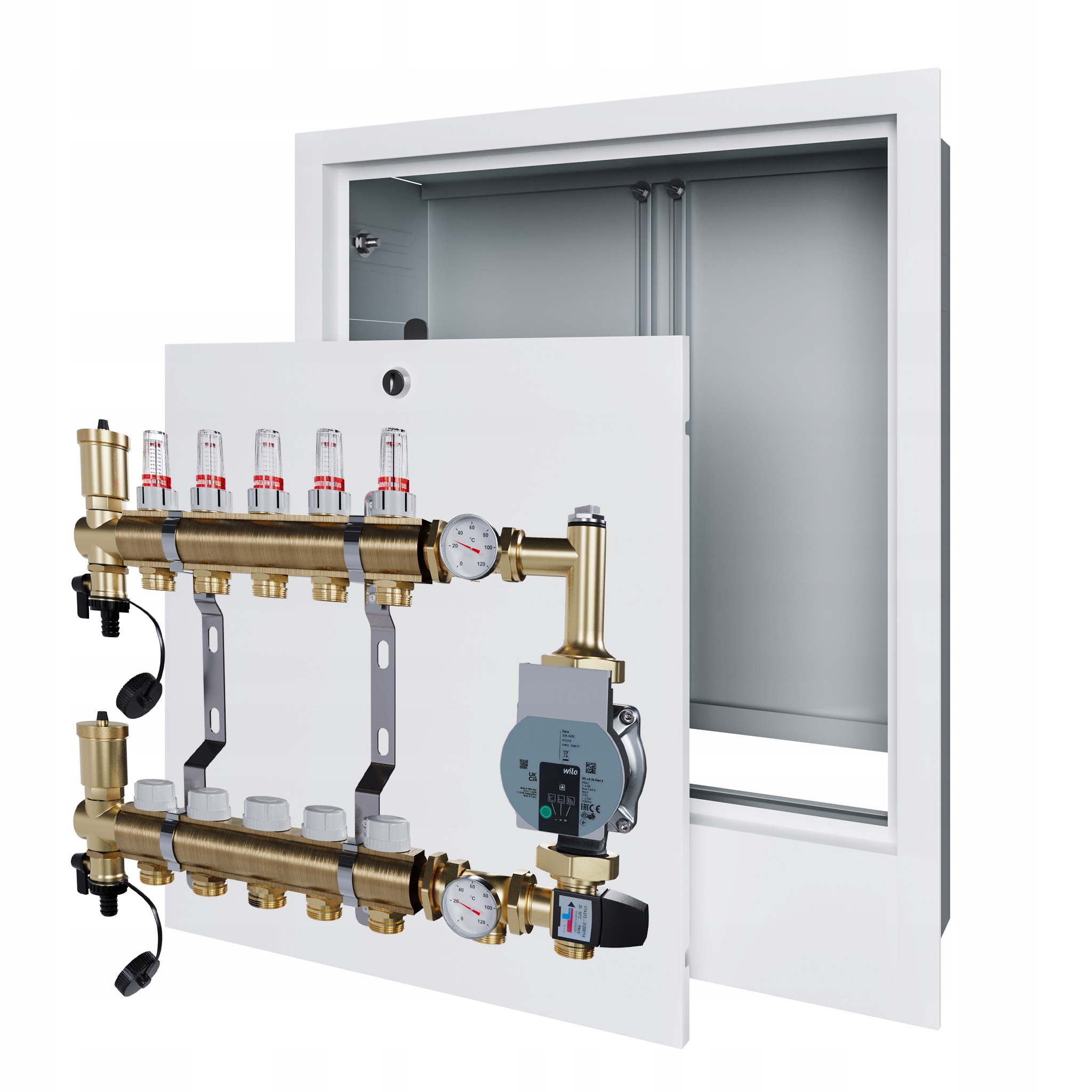 Rozdělovač pro podlahovku 5 s čerpací skupinou Wilo a podomítkovou schránkou