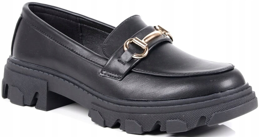 DAMSKIE MOKASYNY LORDSY EKO SKÓRA PÓŁBUTY ZE SPRZĄCZKĄ CZARNE MAT WYGODNE Wzór dominujący bez wzoru