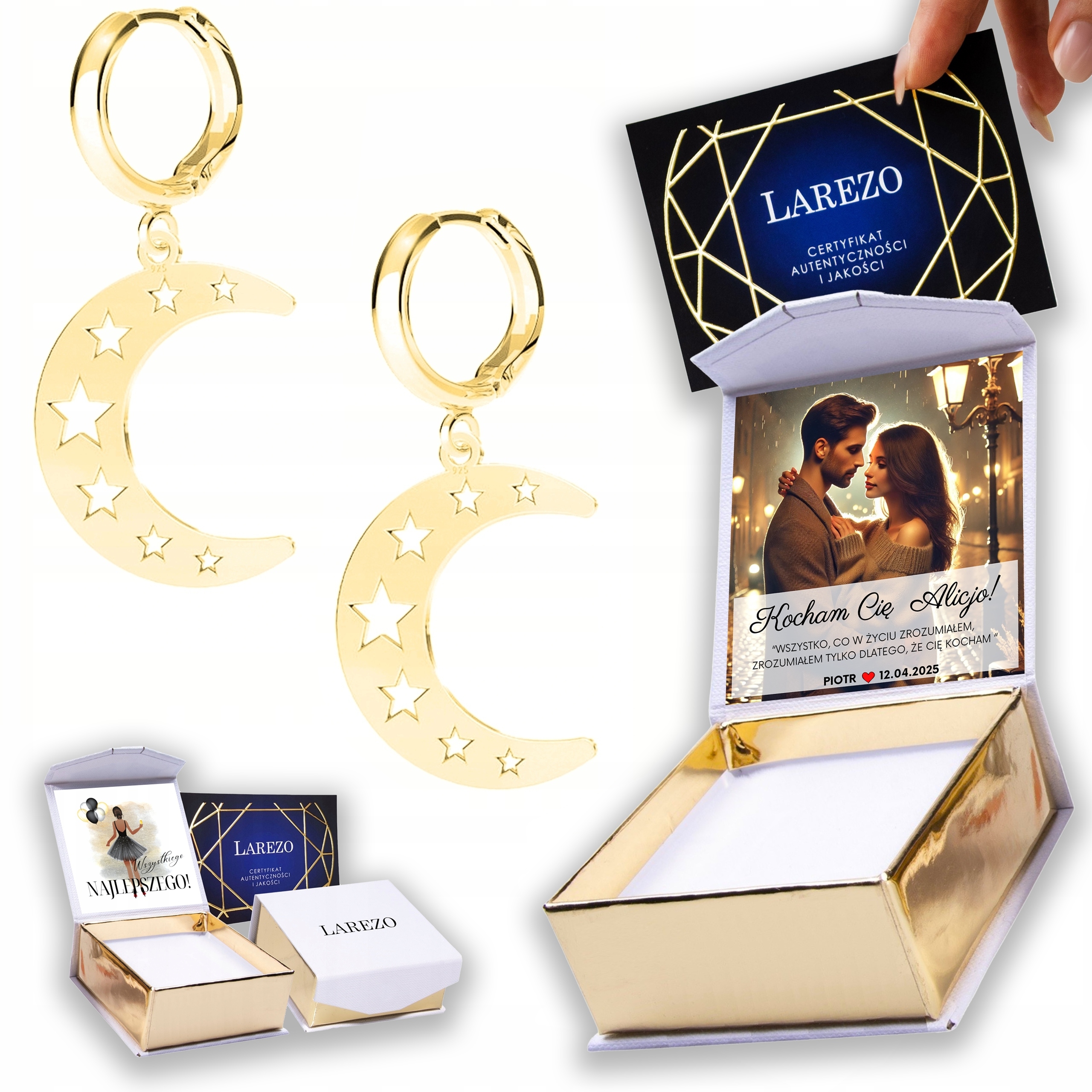 Zlaté Náušnice 925 Měsíční měsíc Plech s hvězdičkami Hvězdami Potisk