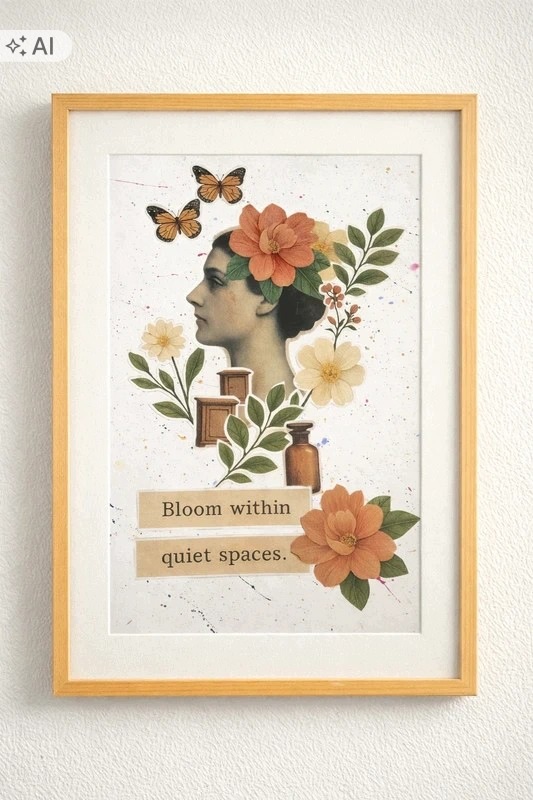 Ručně vyrobená koláž „Bloom Within“ v rámu s pasparta