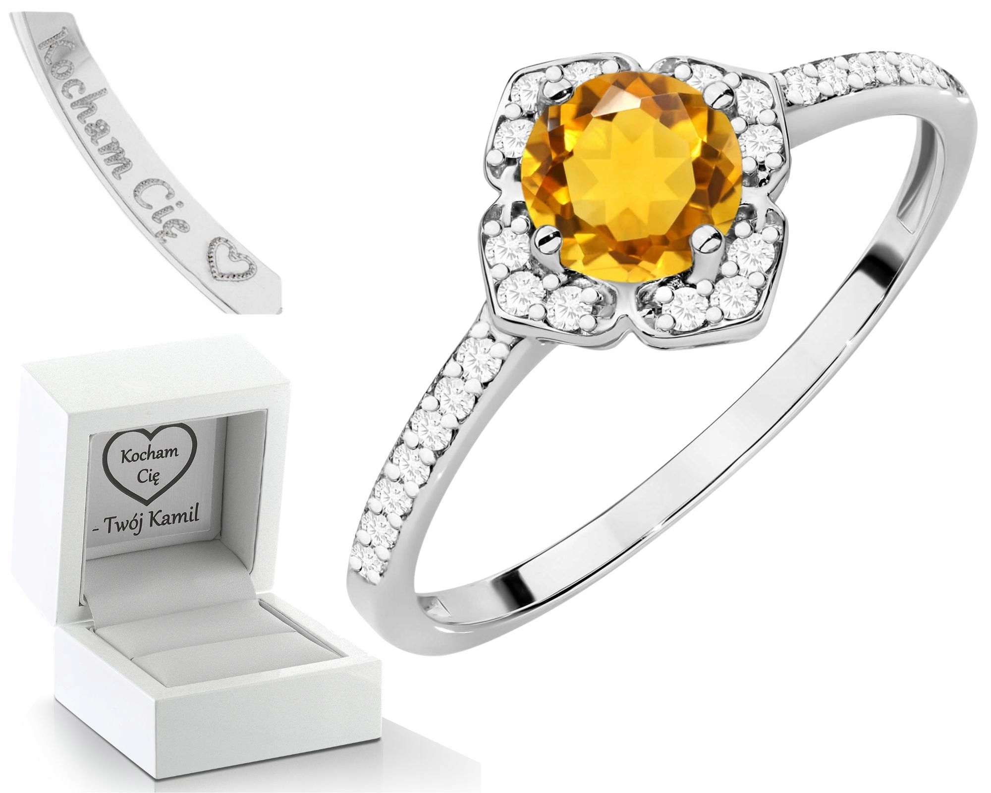 Bílý Zlatý Prstýnek S Citrínovými Diamanty 585 14K Dárek Gravírování