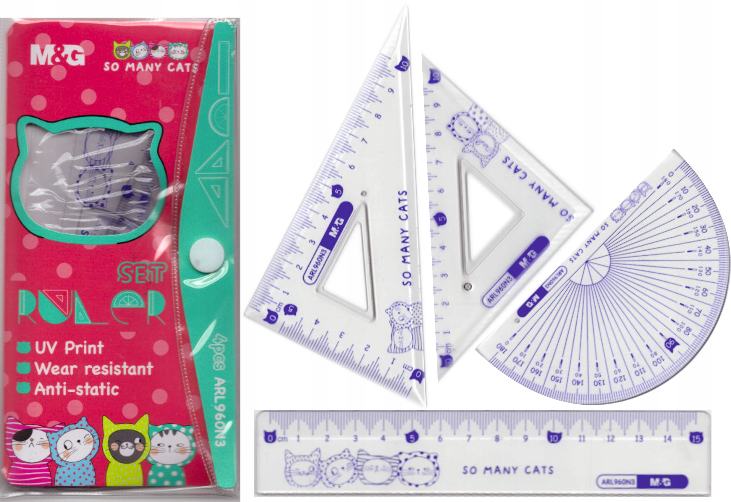 Zestaw geometryczny 4 elementy linijka, ekierka, kątomierz