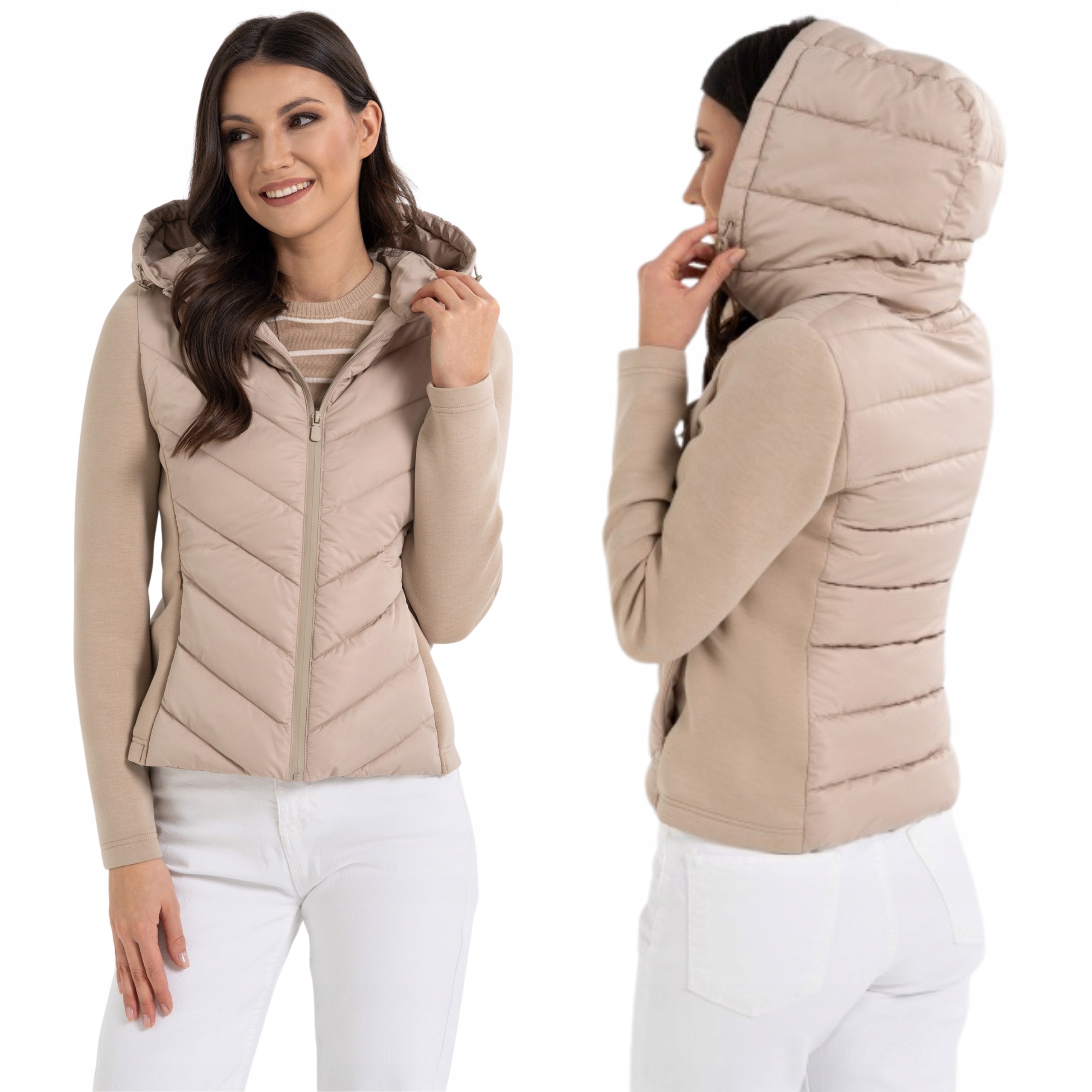 Kurtka Damska Przejściowa Z Kapturem Krótka Pikowana Beżowa Moraj XL