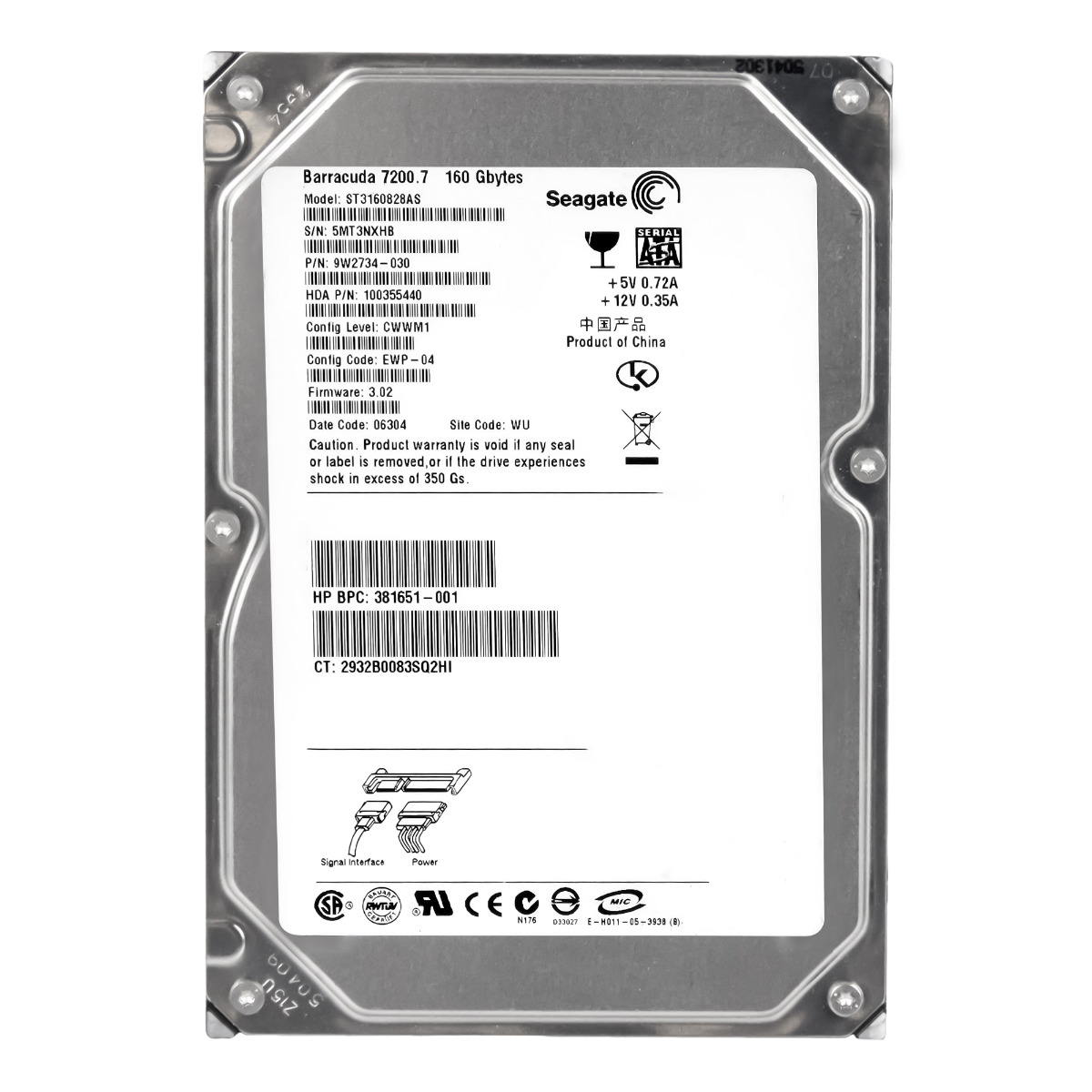 Hp 381651-001 160GB 7.2K 8MB Sata 3.5'' ST3160828AS