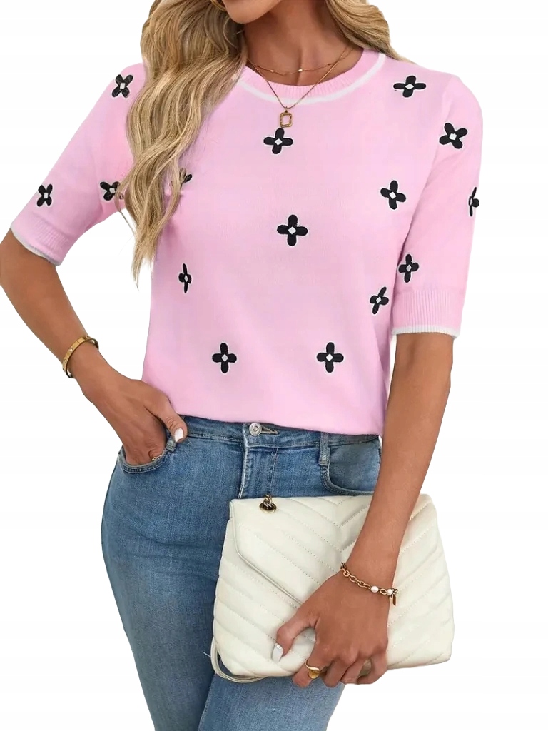 Damska Bluzka Z Krótkim Rękawem, Wykonana Z Dzianiny W Kwiatowy Wzór Różowy