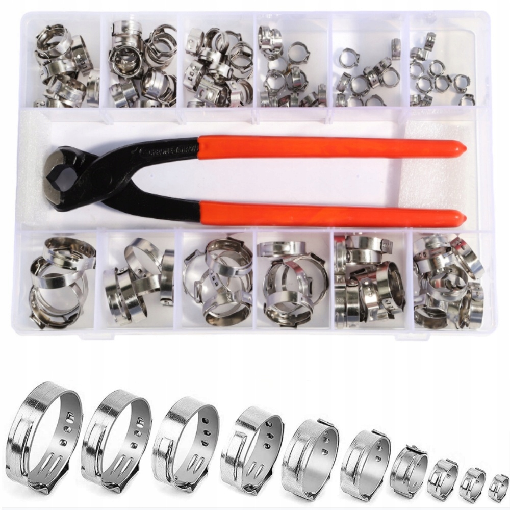 zaciski do węży z pojedynczym uchem ze stali nierdzewnej, 6-28.6mm 115sztuk
