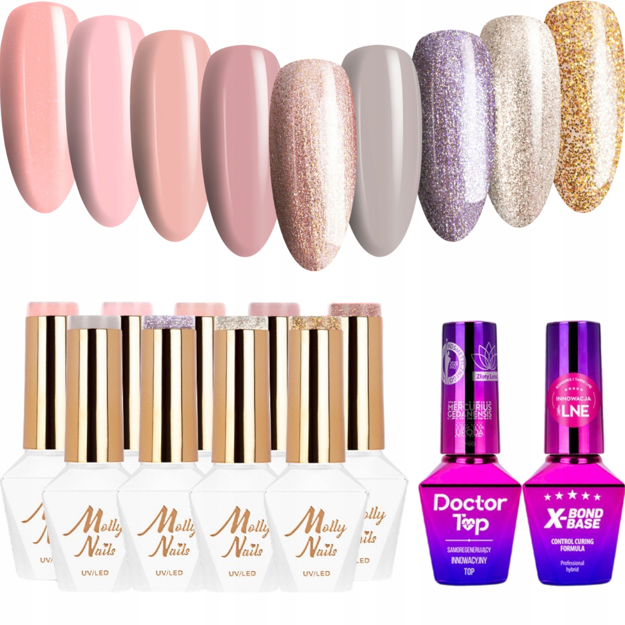 9 x Hybridní lak Mollynails 8 g Sensual Báze Top Set