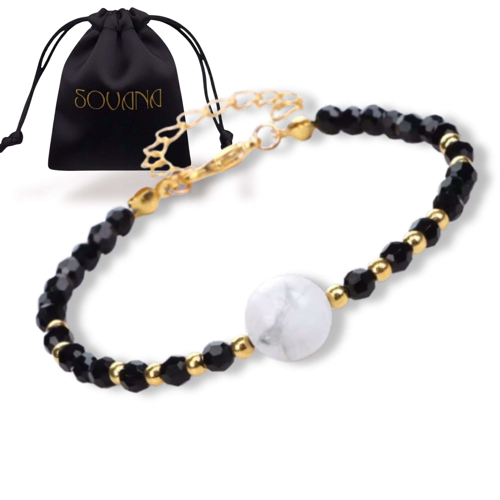 Czarny Turmalin Howlit bransoletka na łańcuszku 15 5 cm