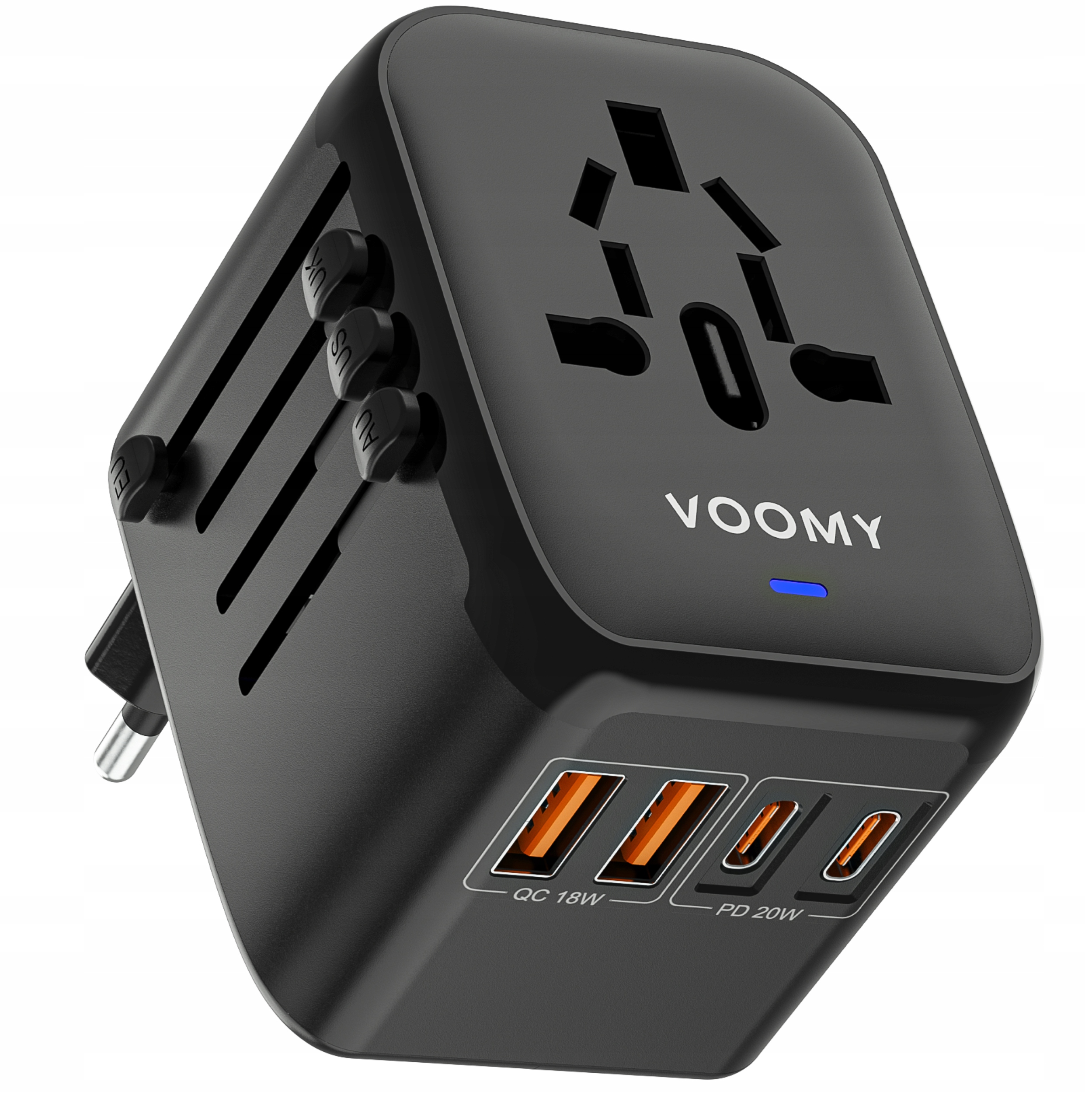 Wtyczka światowa Voomy 170+ krajów, 20W, 2 Usb-c & 2 Usb-a, Czarna