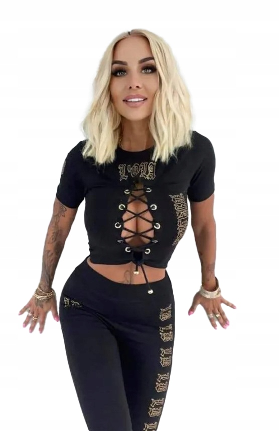 Dámska tepláková súprava Čierny bavlnený komplet na leto, top, nohavice zdobené zirkónmi Druh bez kapucne prevlečené cez hlavu