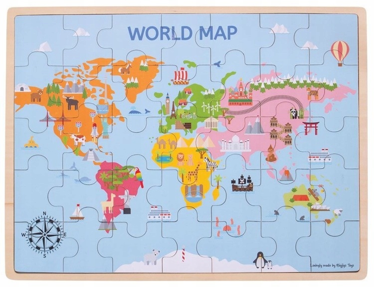 BIGJIGS Drewniane Puzzle MAPA ŚWIATA BJ098 35 ELEM