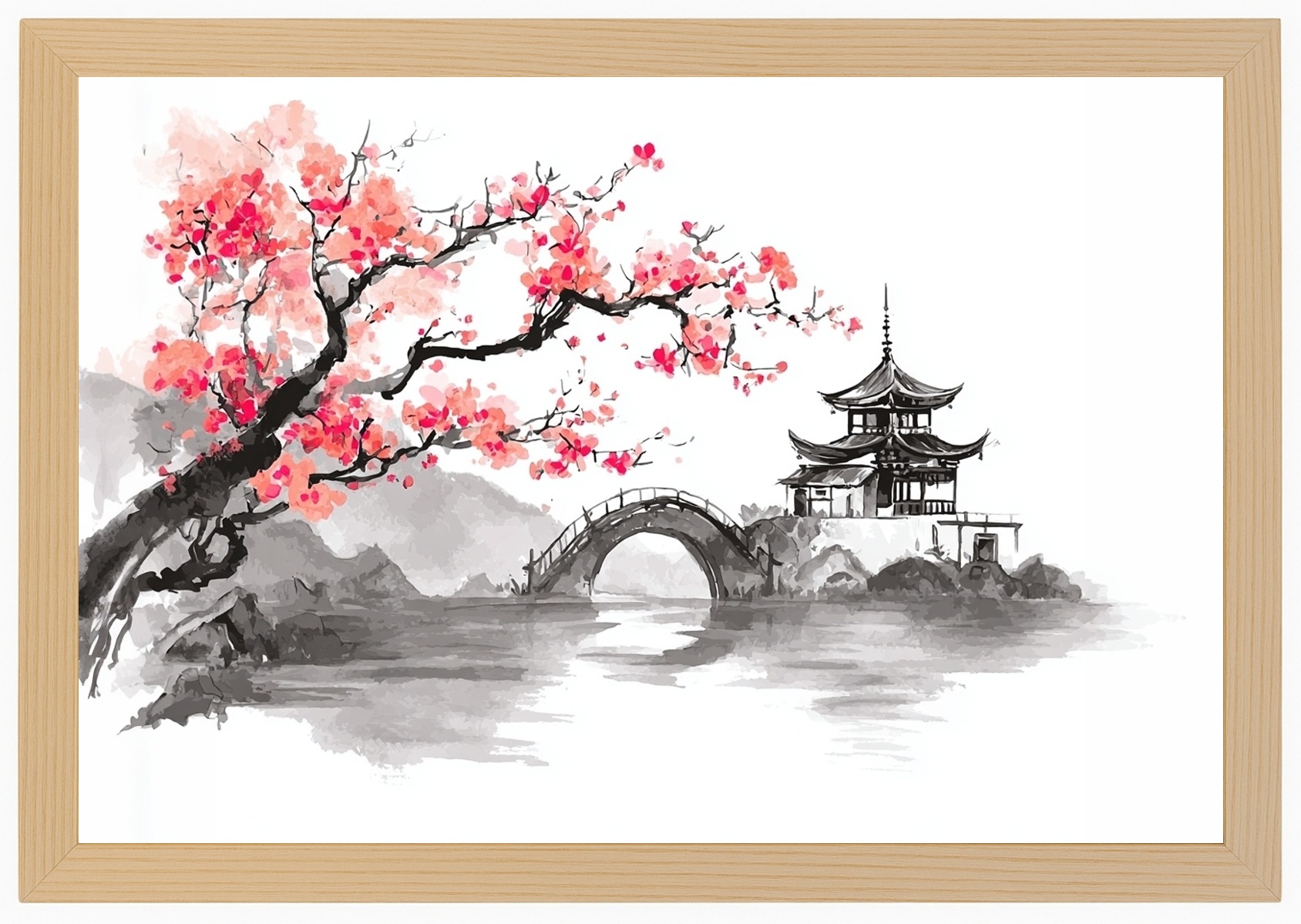 Plakát Rámeček Dřevo Asie Čína Pagoda Most Dřevo Višeň Sakura 60x40