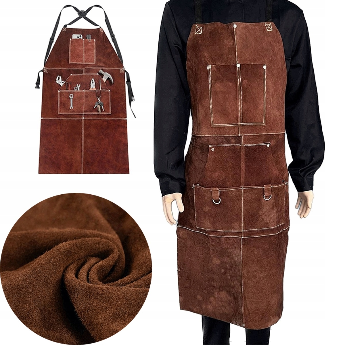 Kožená zástěra s 5 kapsami, hnědá s nýty pro kutily a uzení