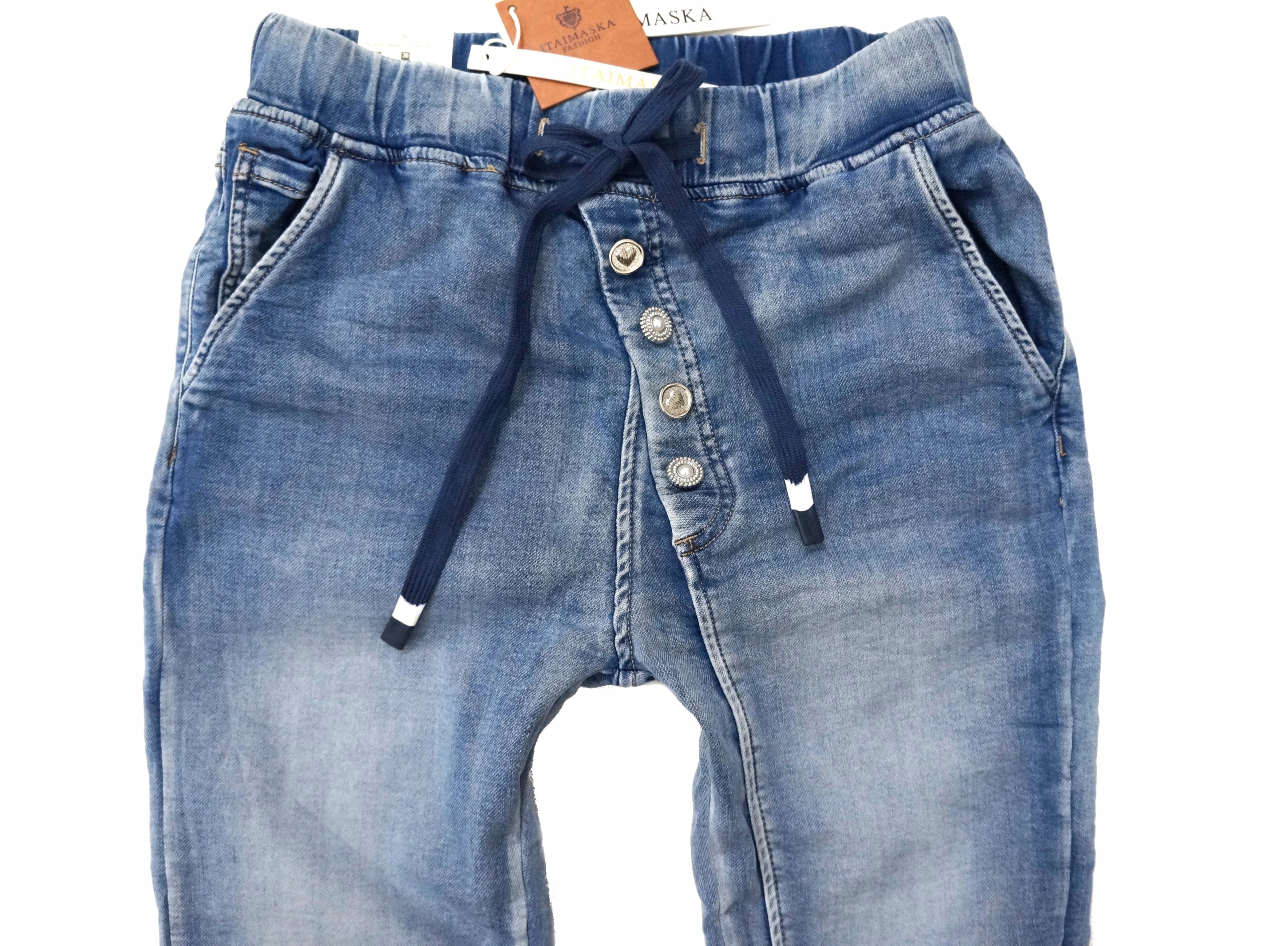 ITAIMASKA DAMSKIE SPODNIE JEANSOWE NA GUMCE W PASIE WIĄZANE WYGODNE Model W28KVH4133
