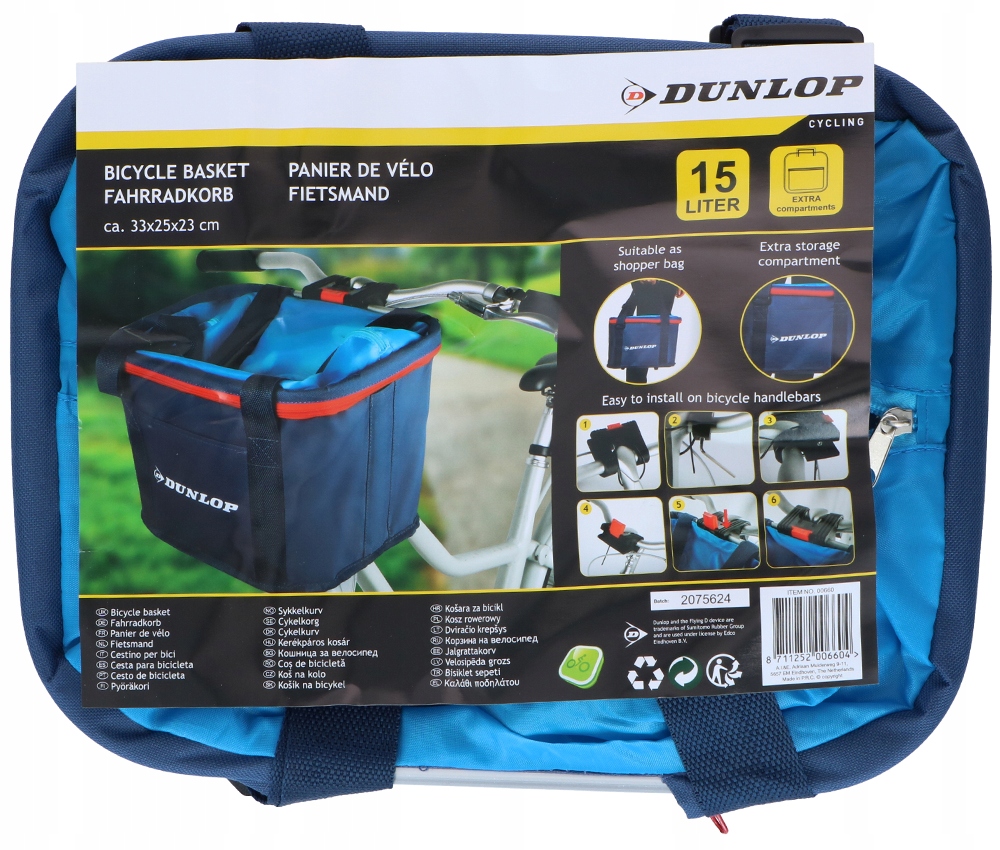 Torba rowerowa KOSZYK na zakupy kierownicę DUNLOP + odblask Pojemność 15 l