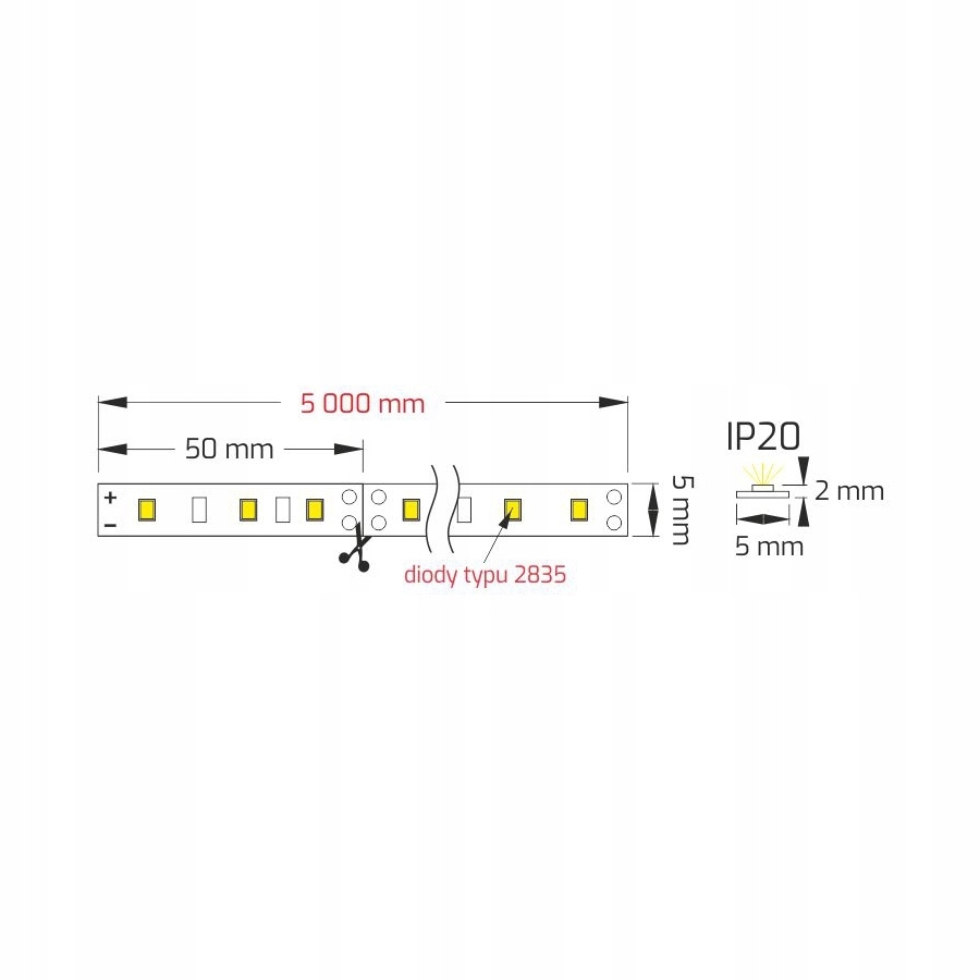 Taśma PREMIUM 5MM 60 LED/m typ 2835 12V DC IP20 11W/m BARWA CIEPŁA Marka Design Light