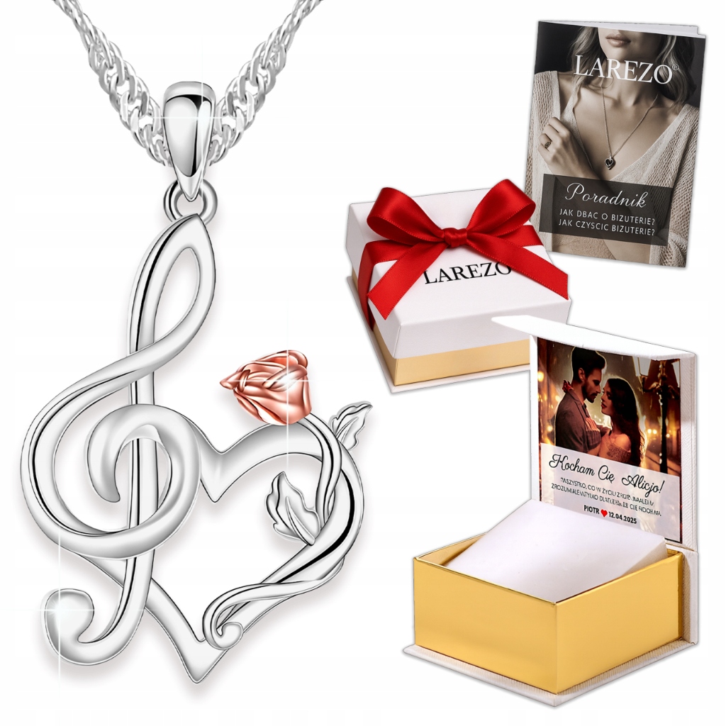 Naszyjnik Srebrny 925 Klucz Wiolinowy z Różą Serce Nuta Nutka Muzyka Nadruk