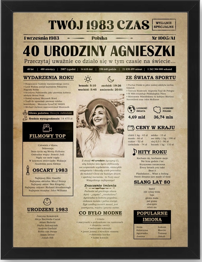PLAKAT NA URODZINY GAZETA kronika z ramką A3 (personalizacja)