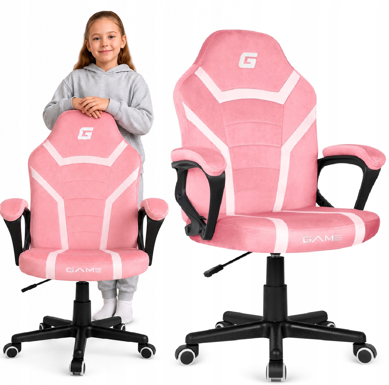 Fotel obrotowy krzesło do biurka dla ucznia dziecka welurowe różowy Gaming