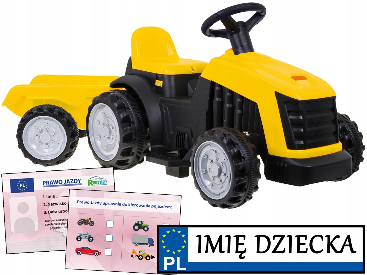 Traktor na akumulator dla dzieci Tablica Imienna prawo jazdy Przyczepka