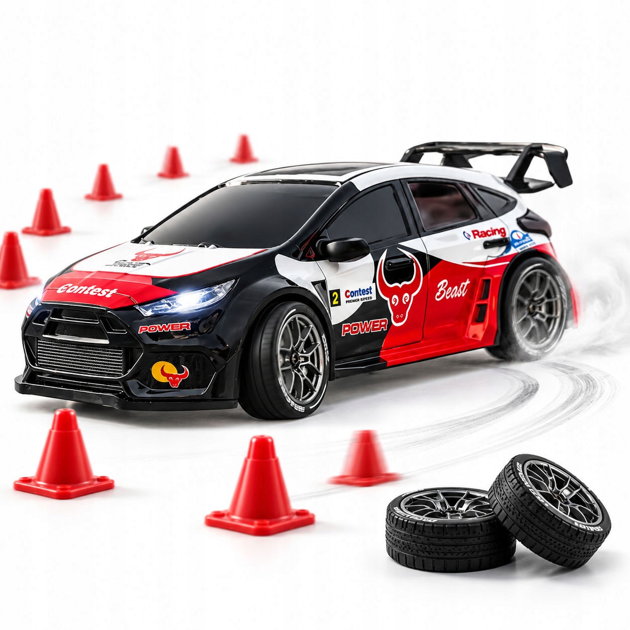 Auto Rc do Driftu SG716 Beast 4x4 20 km/h Led zestaw: 4 koła, 6 pachołków