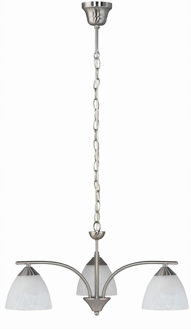 Závěsná lampa stříbrná, skleněné bílé stínítko do obývacího pokoje na řetězu Rabalux