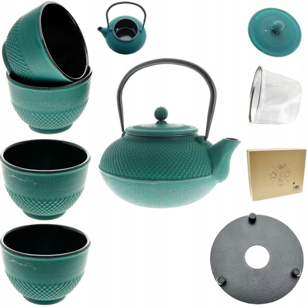 Liatinová Kanvica 1,5L Čajník 4x Šálky Podložka Zaparcz Sitko Na Čaj