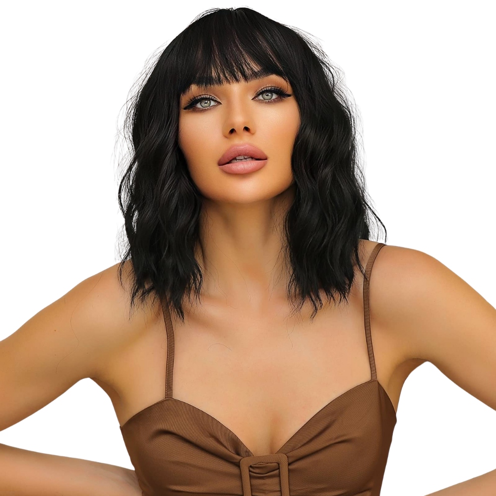 Černá paruka ze syntetických vlasů s vlnitým bobem LC9034 Dárek čepička