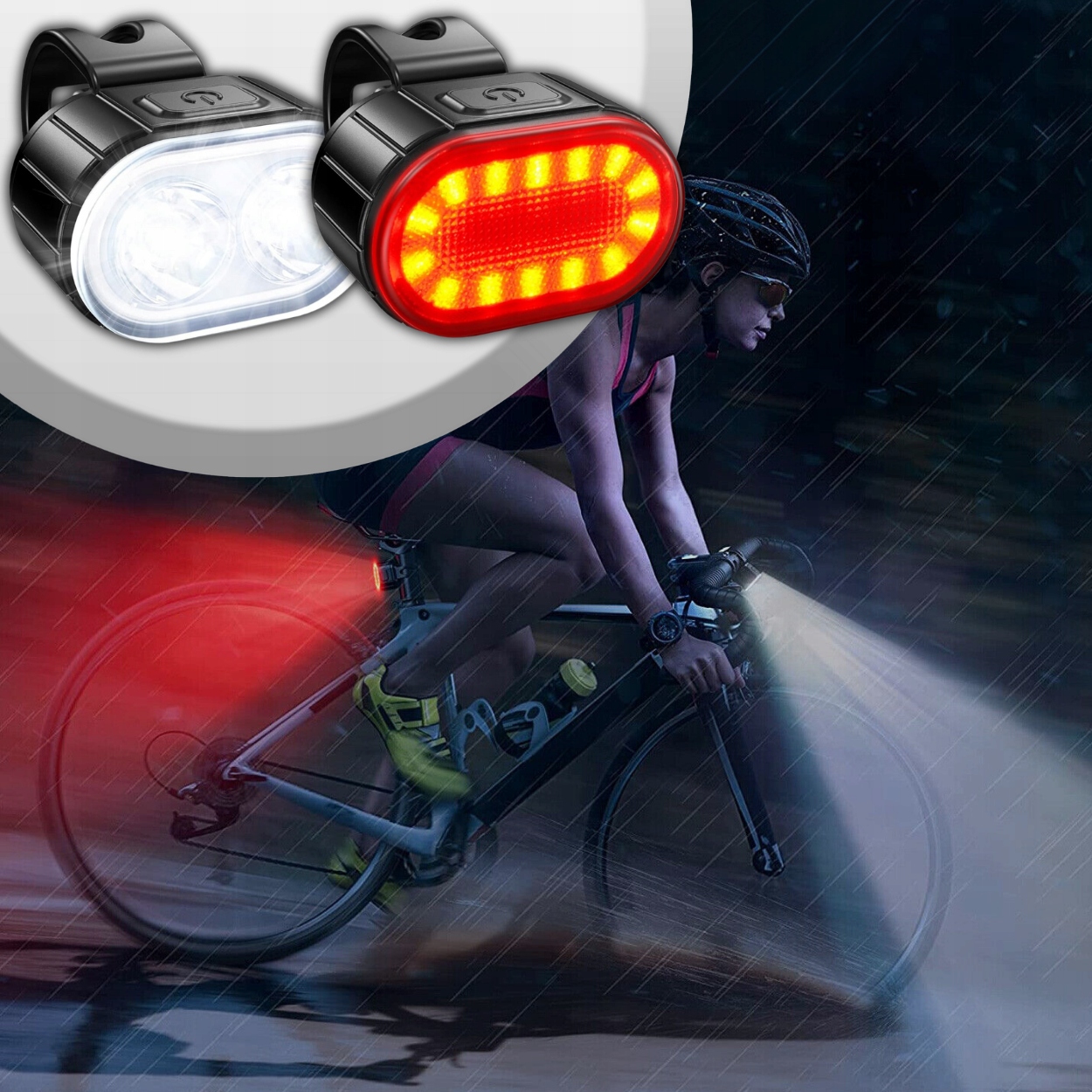 MOCNA LAMPKA ROWEROWA PRZEDNIA TYLNA LED WODOODPORNA AKUMULATOR USB ZESTAW Model LAMPKA PRZEDNIA TYLNA ŚWIATŁO LED WODOODPORNE