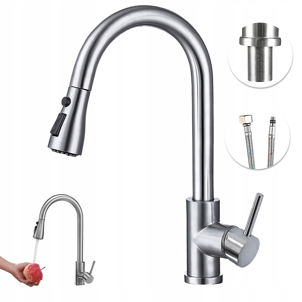 Kuchyňská Baterie Nikl Kartáčovaná Inox Vytahovací Sprcha Vysoká Otočná