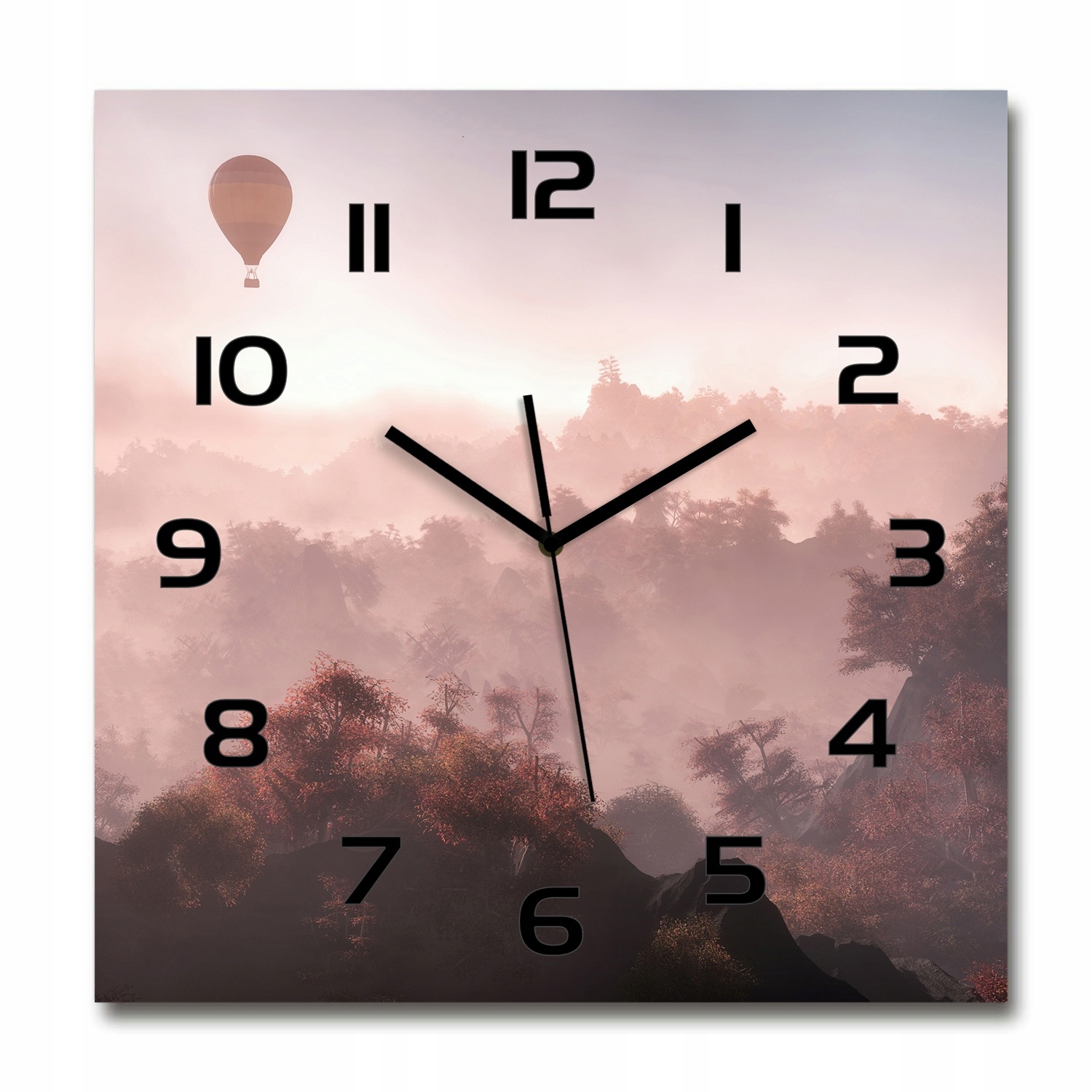 

Szklany duży zegar wiszący Balon nad lasem 60x60cm