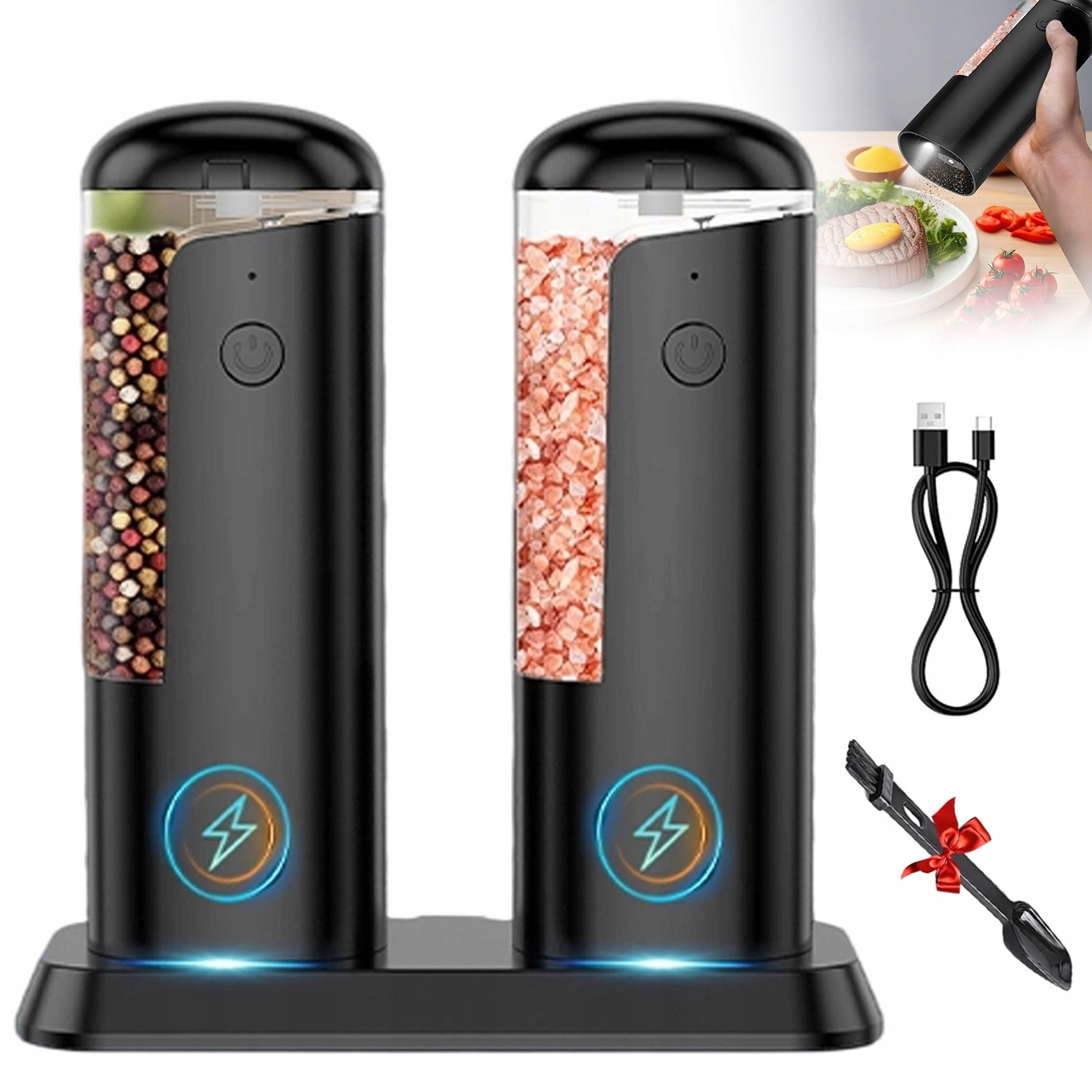 Elektrický mlýnek na sůl 2 ks 80 ml Průhledný s Usb-c jako Dárek