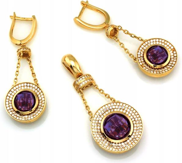 Zlatý komplet šperků 585, závěsné náušnice a přívěsek s fialovými kameny
