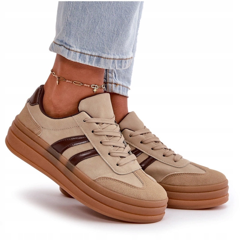 Sneakersy Damskie Modne Niskie Sznurowane Na Platformie Brązowe 39