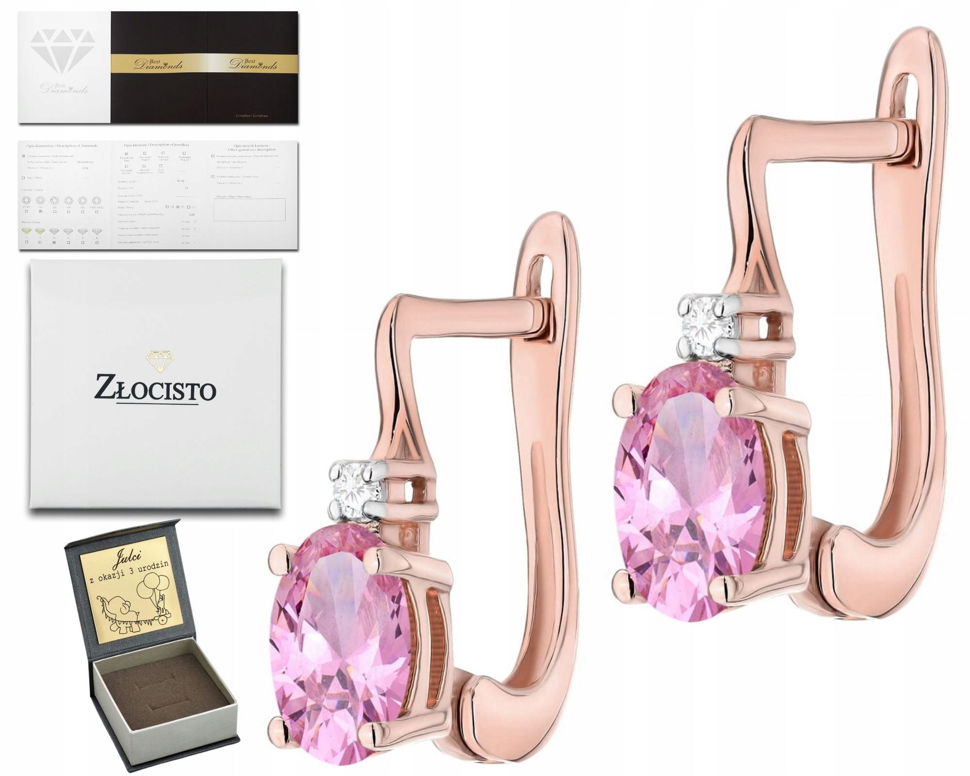 Náušnice S Diamantem Přírodní Kámen Růžový Safír Anglické Zapínání