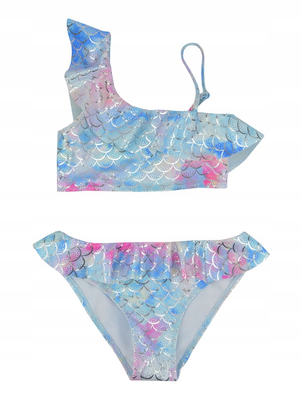 STRÓJ KĄPIELOWY dwuczęściowy TOP Z FALBANĄ błękit srebro 140/146 N009M
