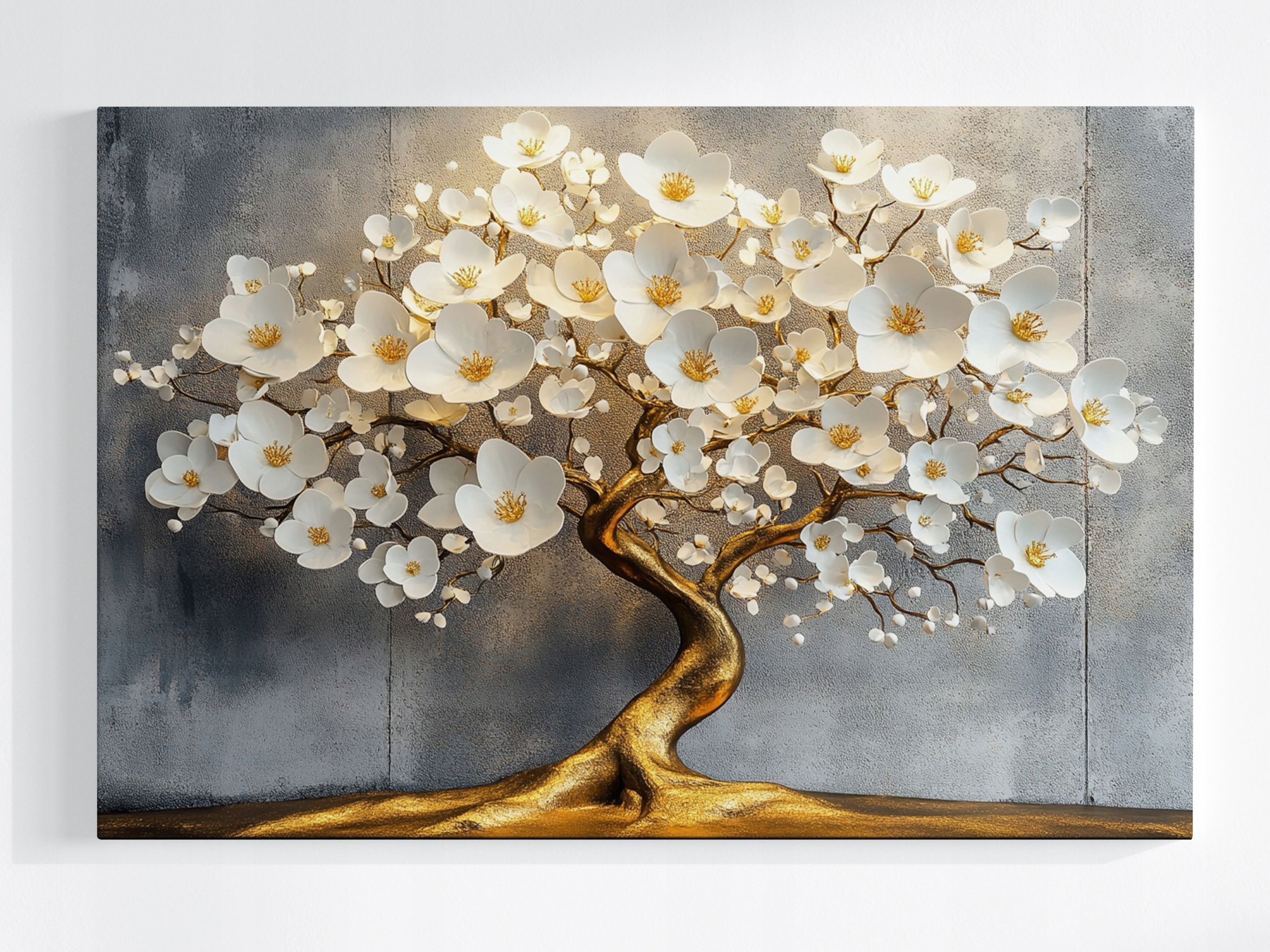 Obraz Na Plátně Canvas Zlatý Strom Glamour Bílé Květiny Dekorace 120x80