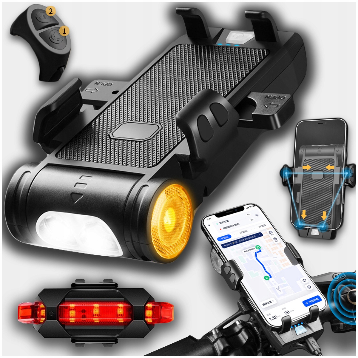 UCHWYT ROWEROWY NA TELEFON ROWER 6w1 LAMPKA KLAKSON PRZEDNIA TYŁ POWERBANK